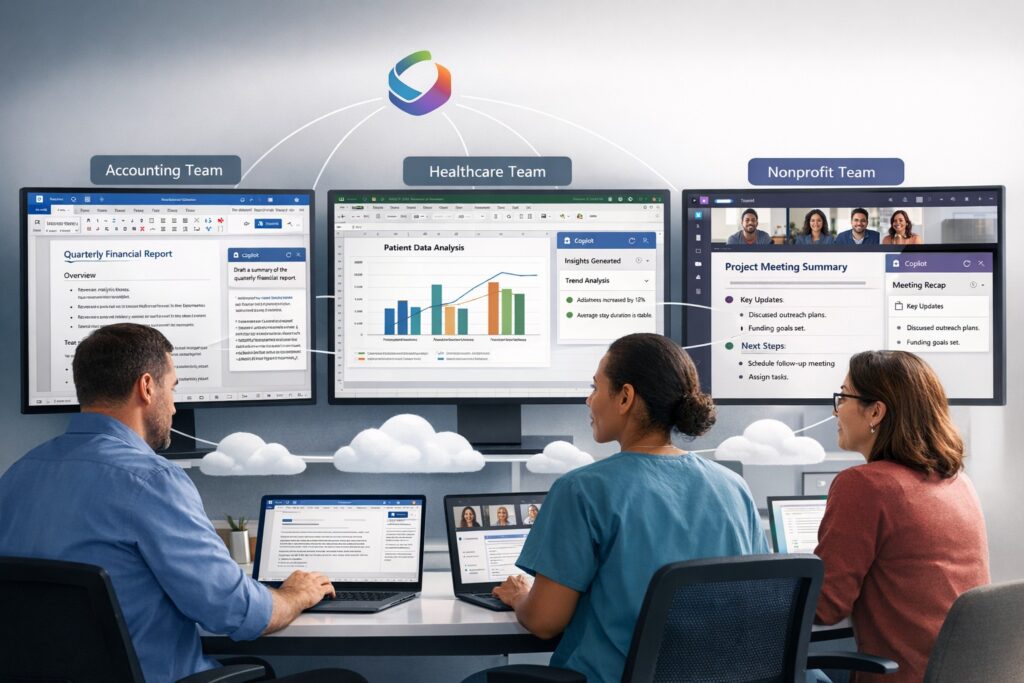 Microsoft Copilot AI assistant working across Microsoft 365 apps including Word document generation, Excel data insights, and Teams meeting notes
