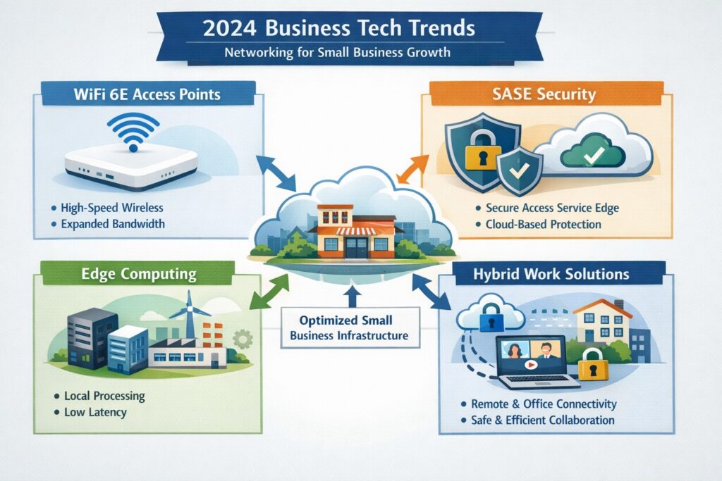 Infographic of 2024 business tech trends showing WiFi 6E networks, zero trust security, and hybrid work connectivity for small business IT