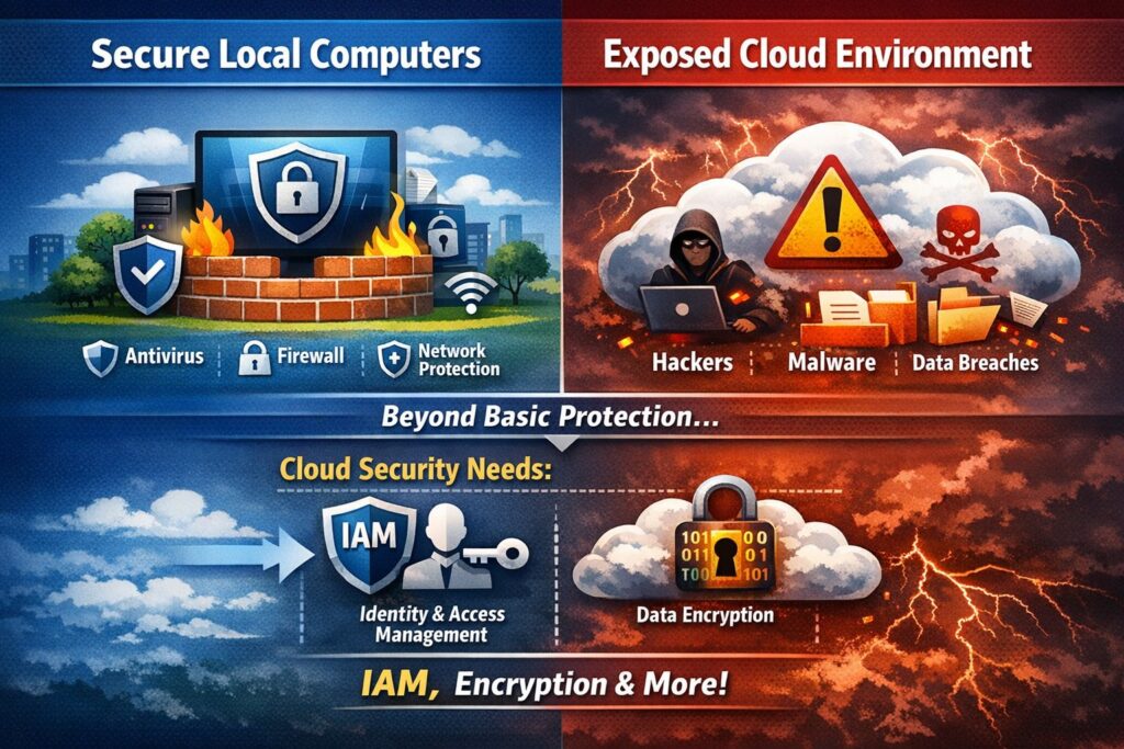 Illustration showing secure computers connected to vulnerable cloud with security gaps in cloud infrastructure