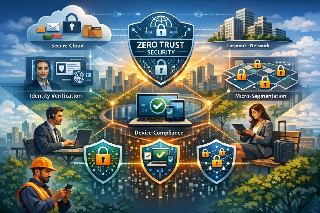 Remote worker accessing secure network via zero trust security on mobile device with continuous verification and MFA protection