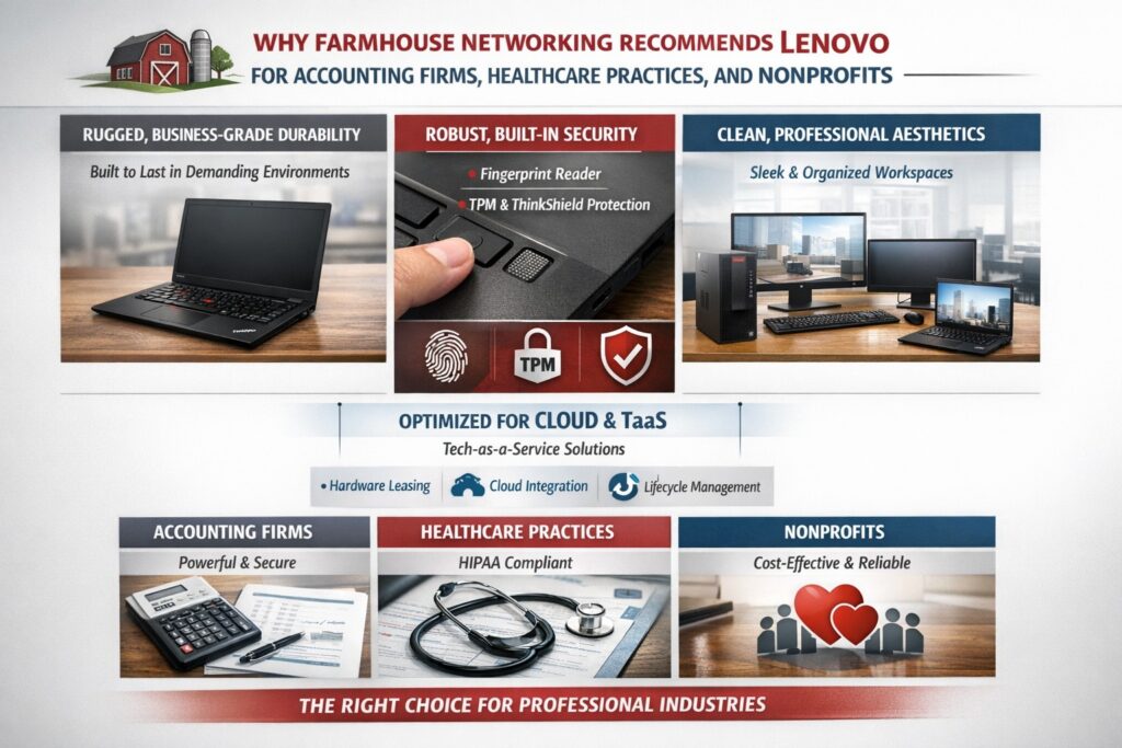 Why Lenovo is the best choice for business computers featuring Lenovo ThinkPad laptops and desktops in a professional office environment