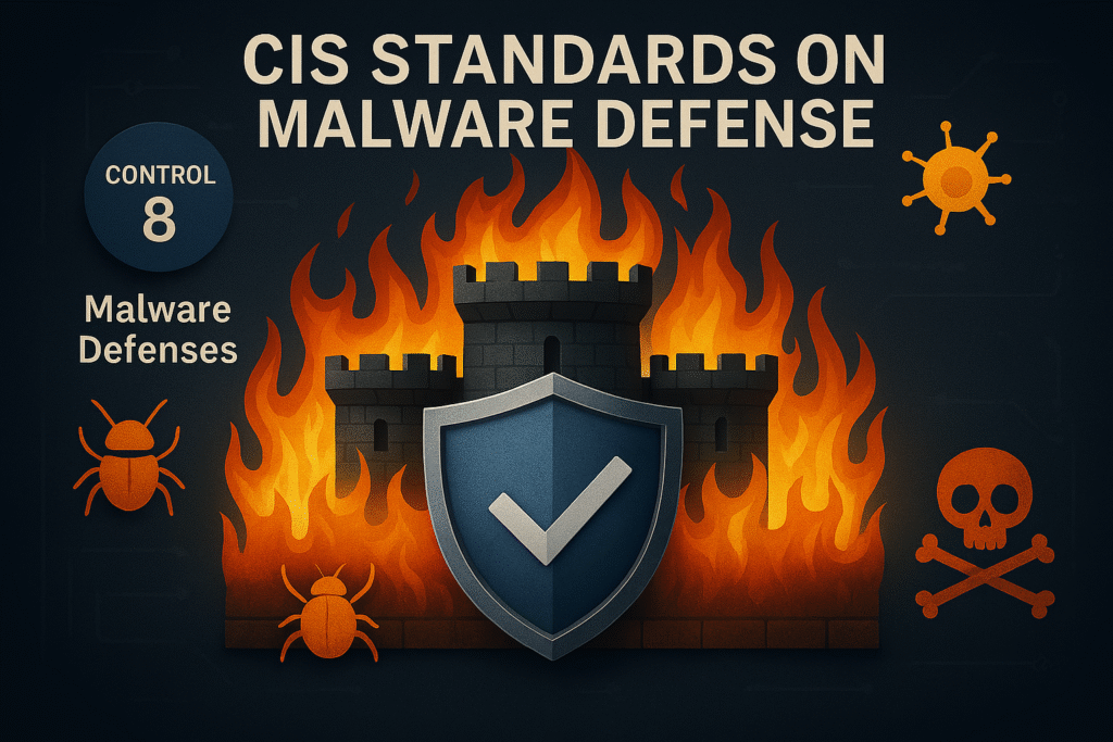 Illustration of SMB employees collaborating at a workstation, protected by cybersecurity shields and digital lock icons representing CIS malware defense standards.