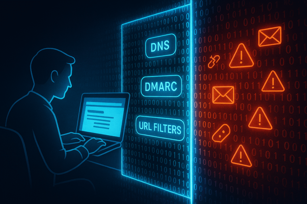 Small business owner securing email and web browsing on laptop with cybersecurity interface