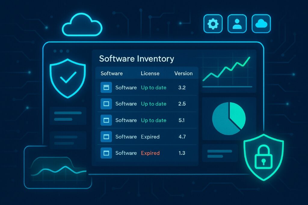 Small business owner reviewing software asset inventory dashboard with managed IT provider.