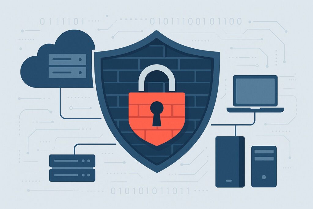 Network firewall for business protecting SMB from cyber threats with secure shield icon