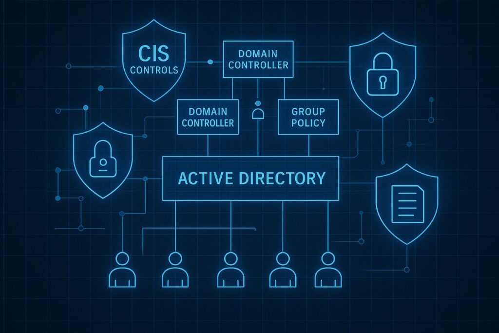 Infographic of CIS controls for Active Directory security best practices in SMB environments, showing domain controller hardening and audit steps
