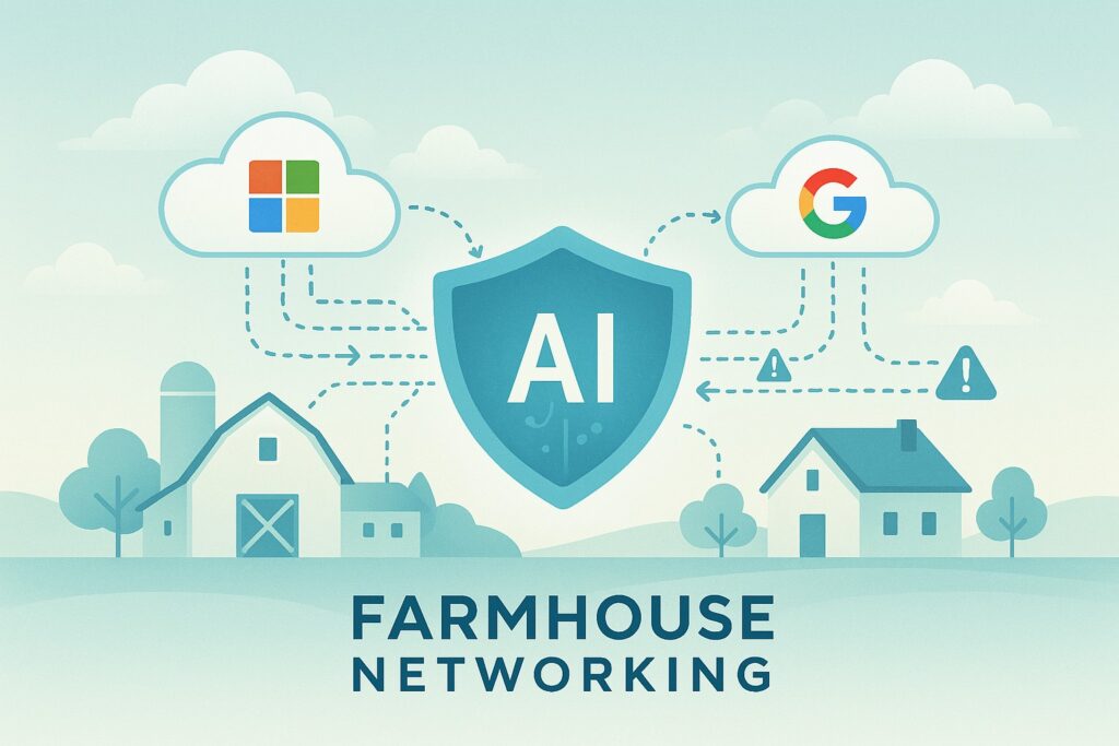 IT technician reviewing AI-powered Microsoft 365 and Google Workspace security logs on dual monitors to protect small business data.