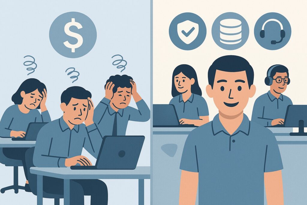 Small business owner and IT partner reviewing cybersecurity risk dashboard as part of SMB cyber risk management strategy.
