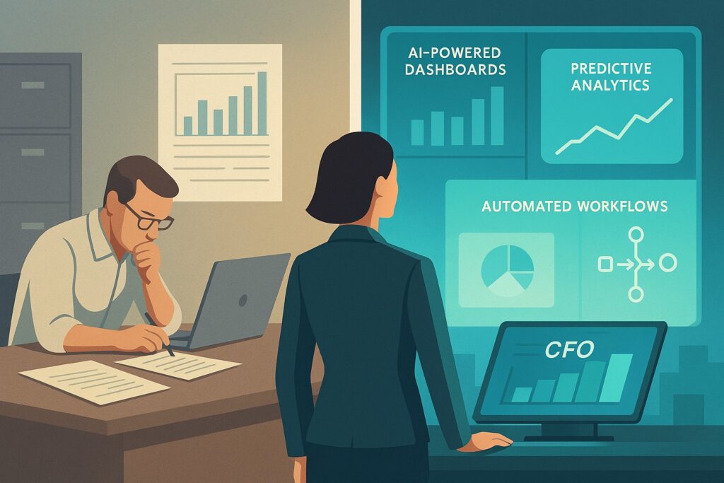 Small business owner and IT partner reviewing AI‑powered finance dashboards and automation metrics in a modern office.