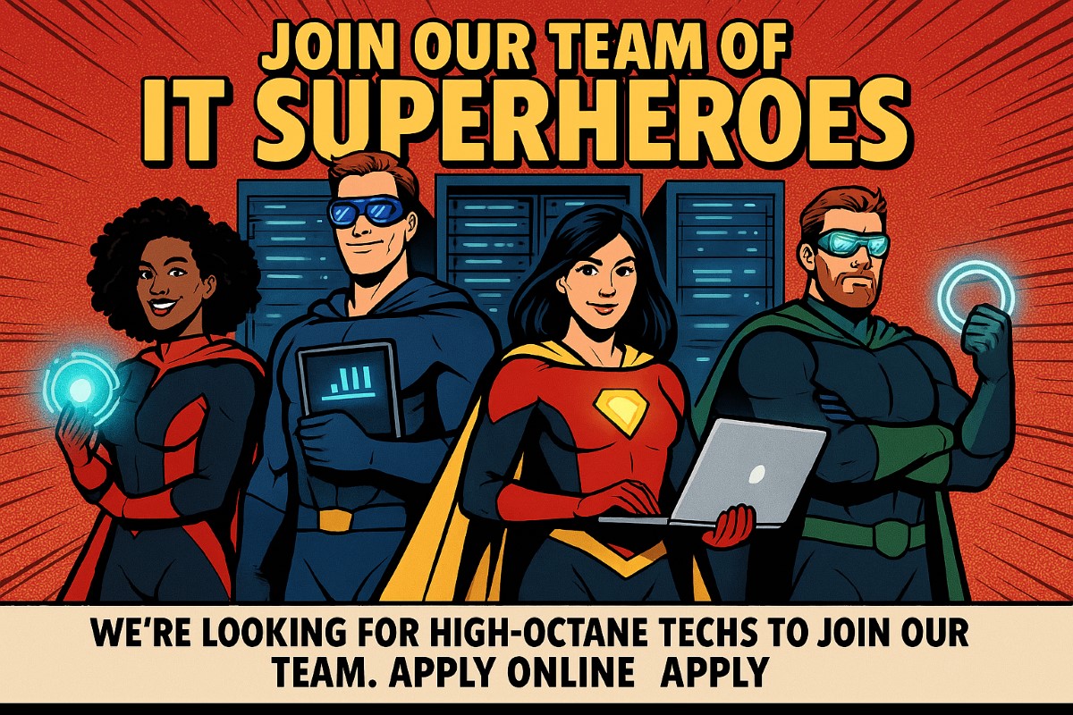 A dynamic comic-style illustration of four IT superheroes standing confidently in front of glowing server racks, wearing futuristic suits with capes and holding high-tech devices emitting blue light.