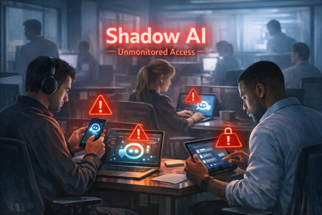 Small business owner and IT professional reviewing online AI assistant security settings on a laptop with a digital padlock icon overlay.