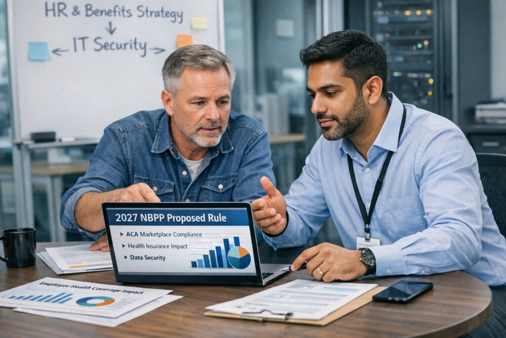 Small business owner and IT manager reviewing 2027 NBPP proposed rule impacts on employee health insurance plans on a laptop in the office
