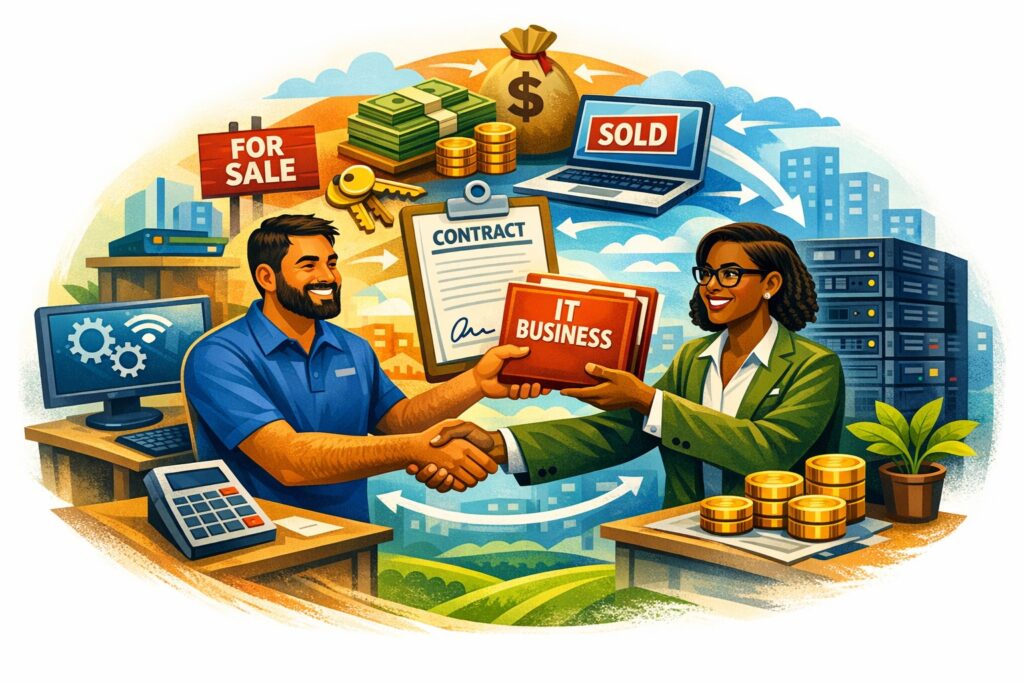 Illustration of a business owner selling a small IT company, shaking hands over a contract with servers, cash, and laptops symbolizing how to buy IT businesses.