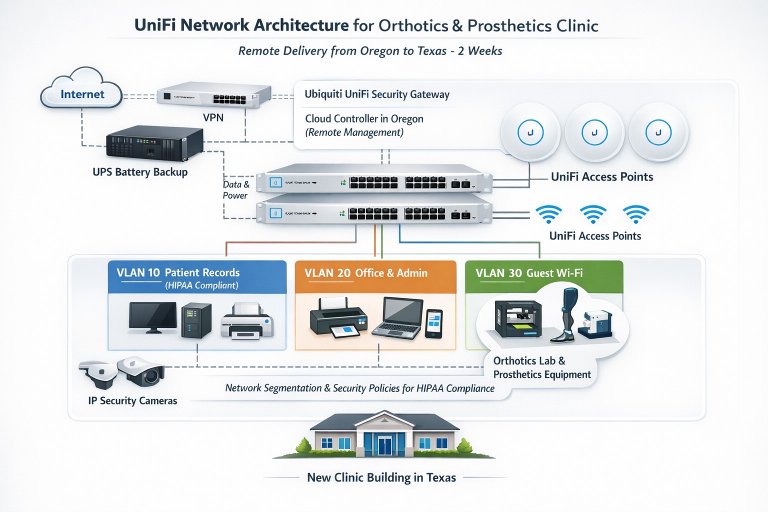 Remote UniFi network installation for Texas orthotics prosthetics clinic with HIPAA segmentation and reliable clinic Wi-Fi