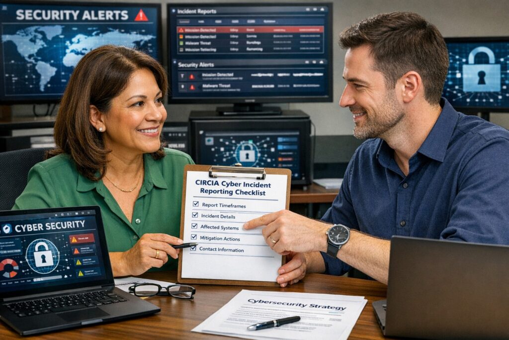 Business owner reviewing cybersecurity and CIRCIA incident reporting plan with IT provider in a modern office
