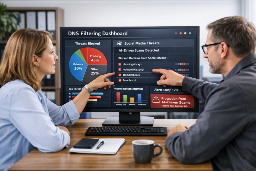Small business owner reviewing DNS filtering dashboard that blocks AI generated social media scam websites