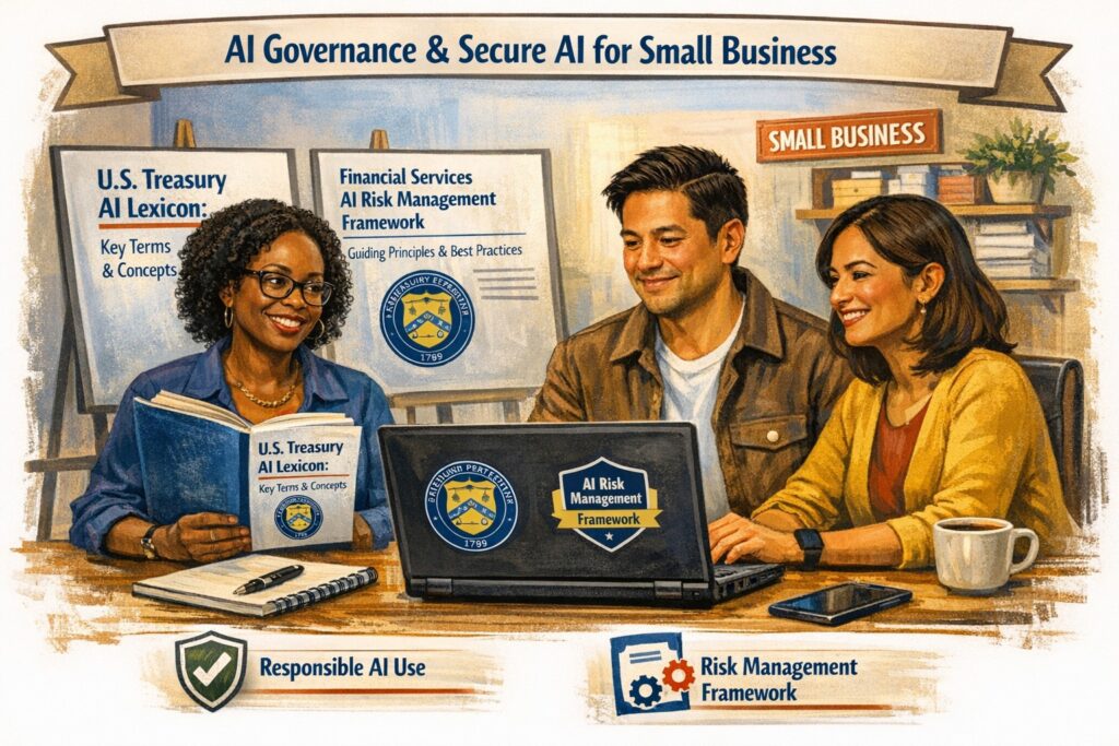 Business owner reviewing AI risk management framework and AI tools on a laptop with U.S. Treasury AI Lexicon guidance