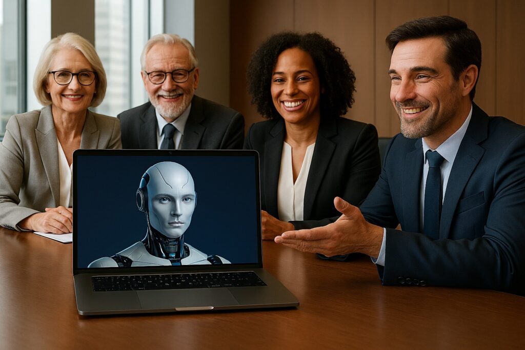 A diverse board of directors in a modern boardroom using a laptop to review an AI boardroom bot dashboard, representing AI‑driven meetings for small businesses.