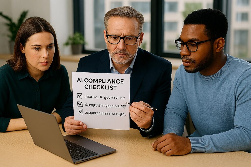 Small business owner and IT professional reviewing Colorado AI Act compliance checklist with laptop and security dashboard