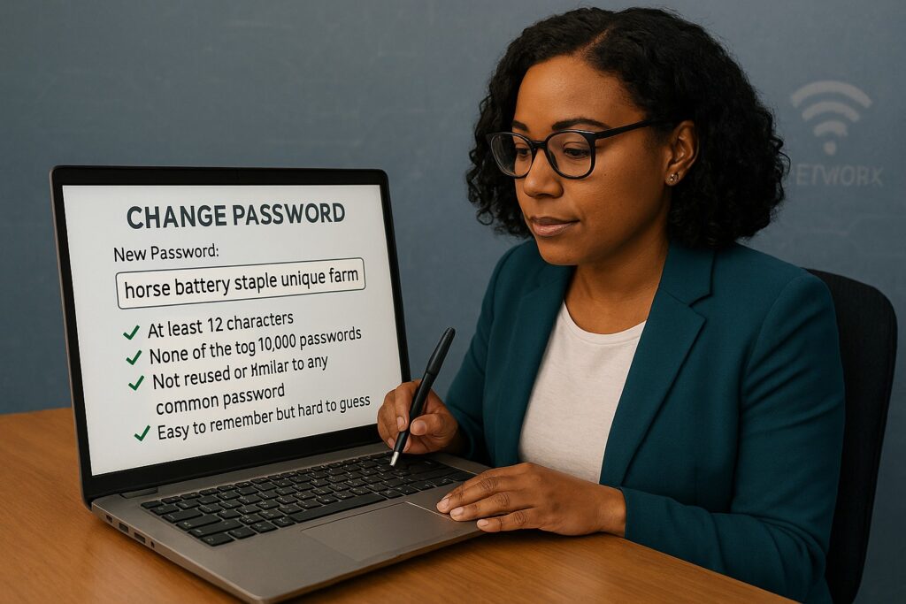 Business owner reviewing password policy on laptop to improve cybersecurity following new NIST standards