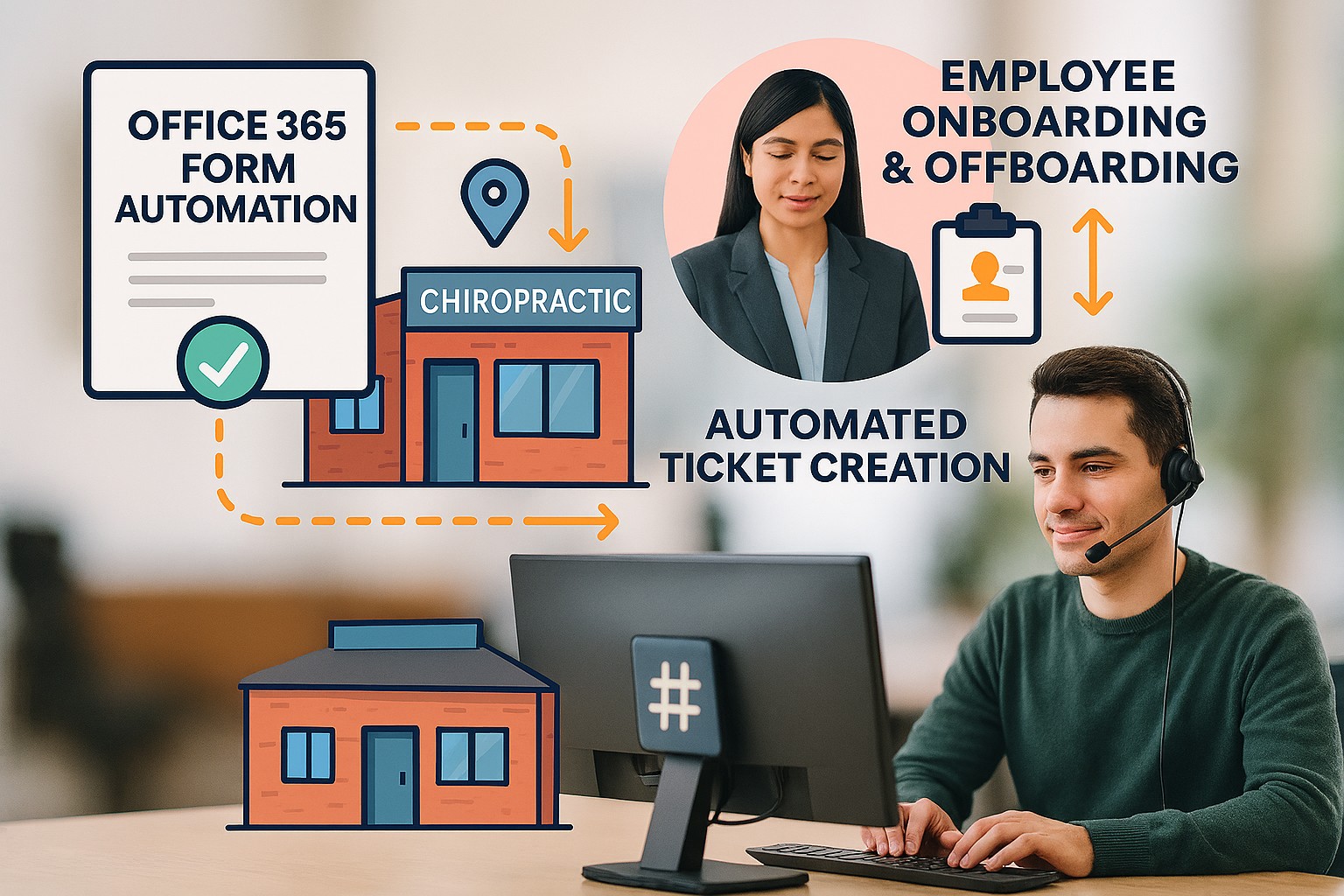 Office 365 onboarding and offboarding form automation for a chiropractic office with multi-location employee access management