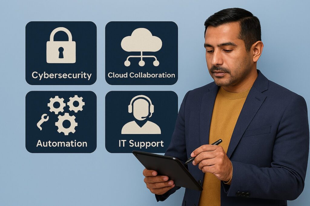 SMB owner reviewing technology tools for business growth, cybersecurity, and productivity in 2026