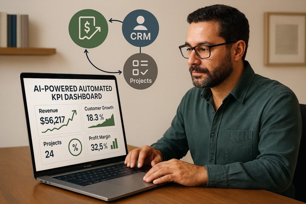 Small business owner reviewing a real-time KPI dashboard on a laptop showing automated data from connected business applications