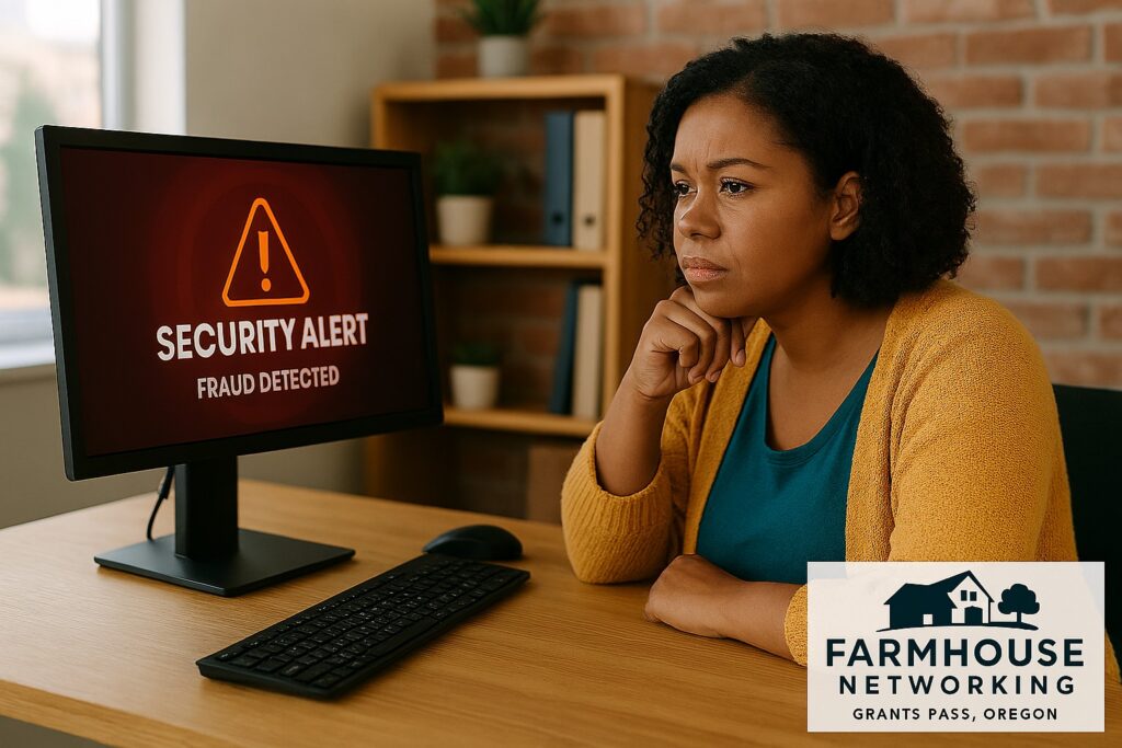 A small business owner sits at a desk reviewing a security alert on their computer screen, representing the growing threat of Fraud-as-a-Service cyberattacks targeting small and mid-sized businesses. This image supports content on recognizing and preventing cyber fraud, business email compromise, and phishing attacks, and is used in the context of managed IT security services provided by Farmhouse Networking in Grants Pass, Oregon.