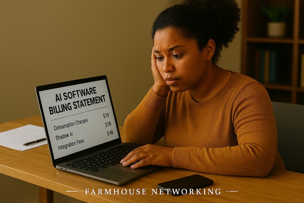 Business owner reviewing an AI software invoice at a desk, looking concerned about unexpected technology costs