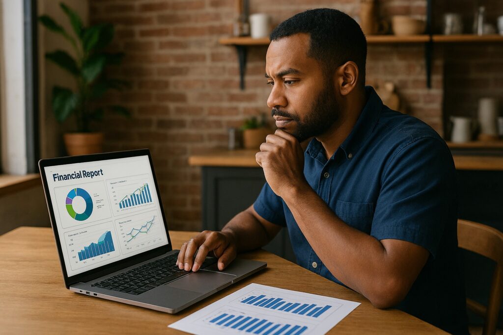 Small business owner reviewing GAAP-compliant accounting reports on a laptop