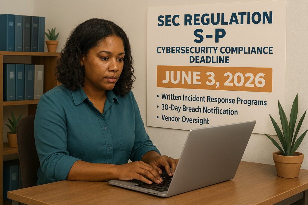 Small business owner reviewing cybersecurity compliance checklist on laptop before SEC Regulation S-P June 2026 deadline