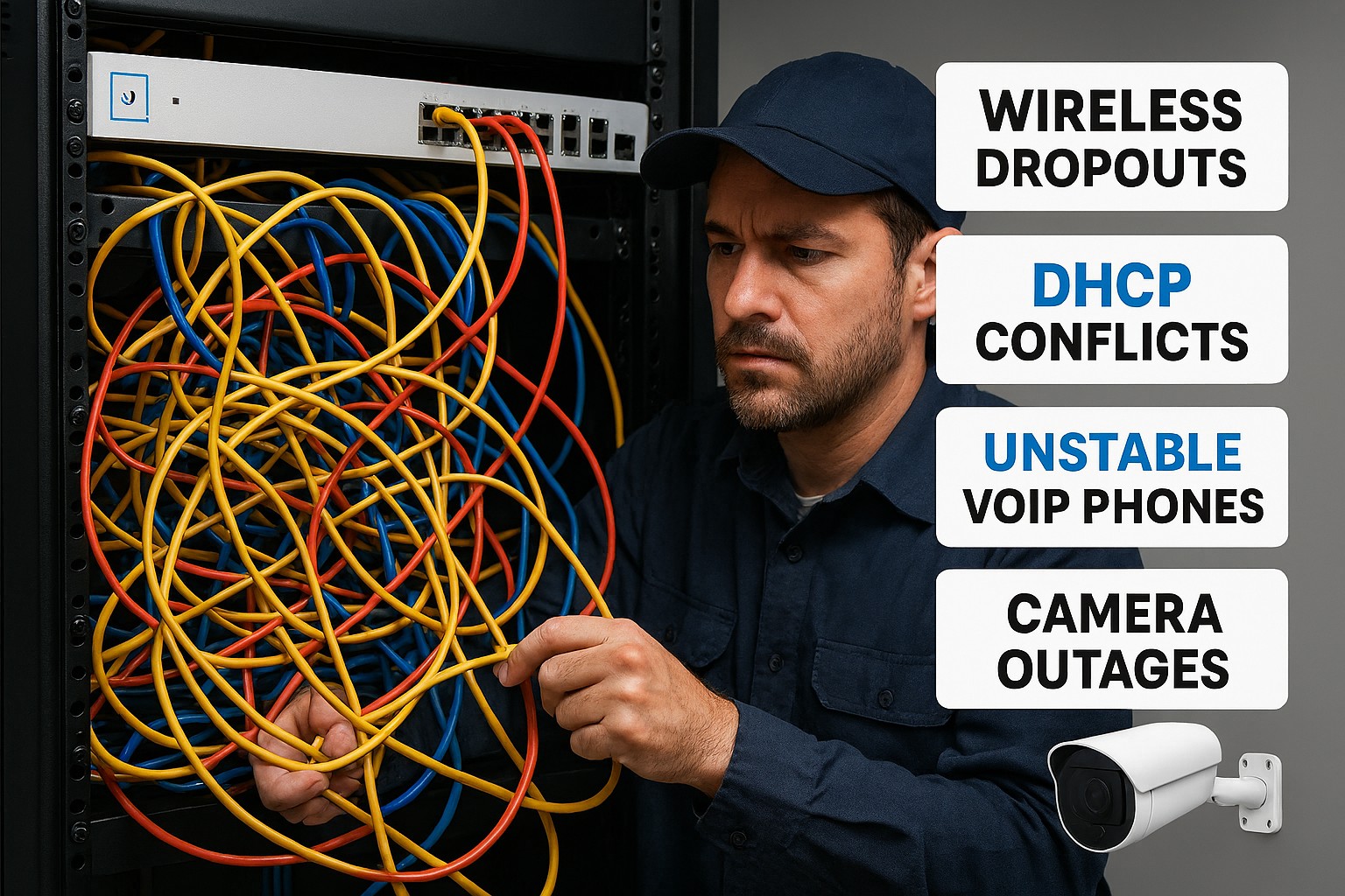 Farmhouse Networking technician resolving Ubiquiti network issues for Grants Pass youth charity, fixing wireless dropouts, DHCP conflicts, and camera VLAN segmentation onsite