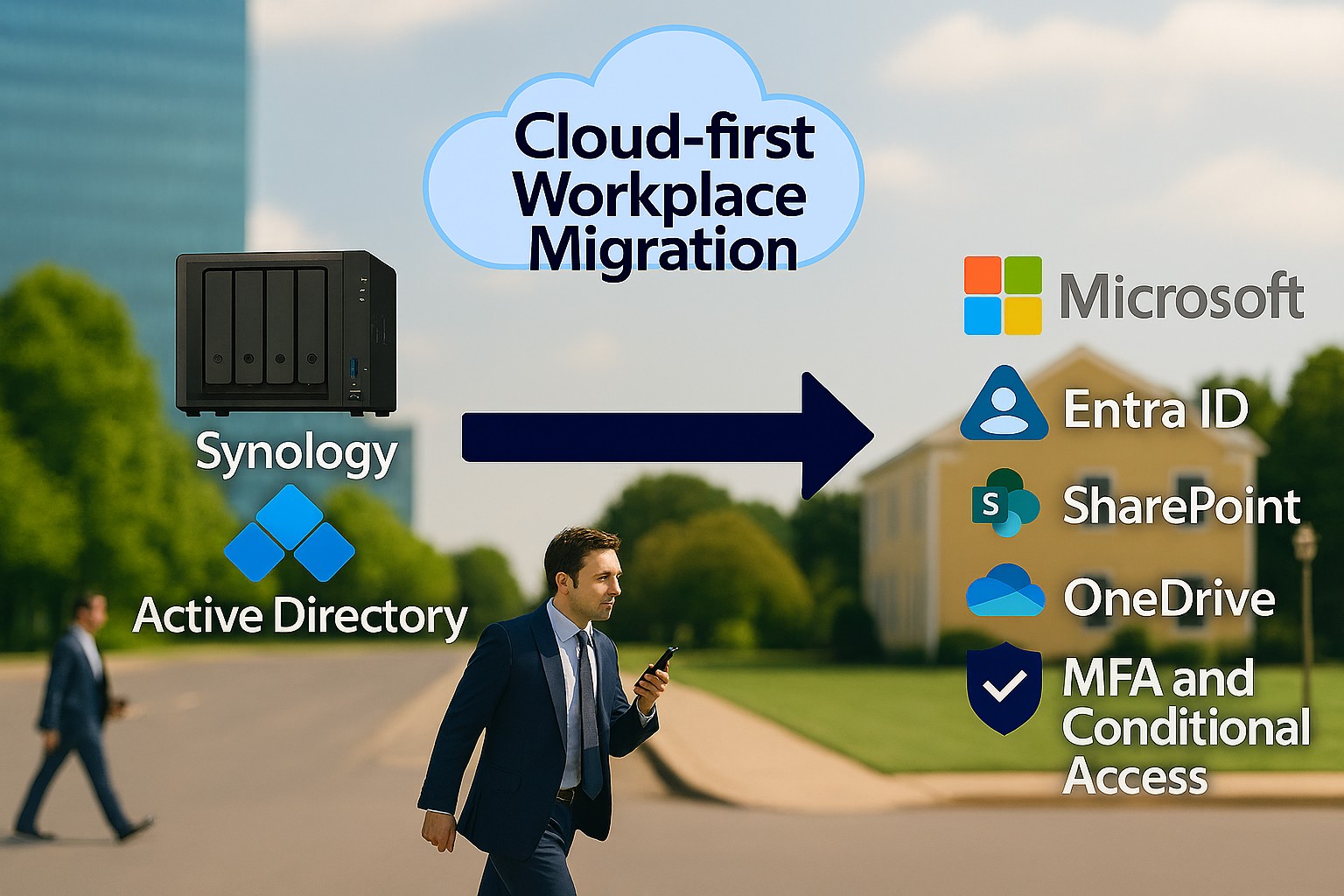 Multi-site business cloud migration from Synology and Active Directory to Microsoft 365 with Entra ID, SharePoint, OneDrive, and Intune