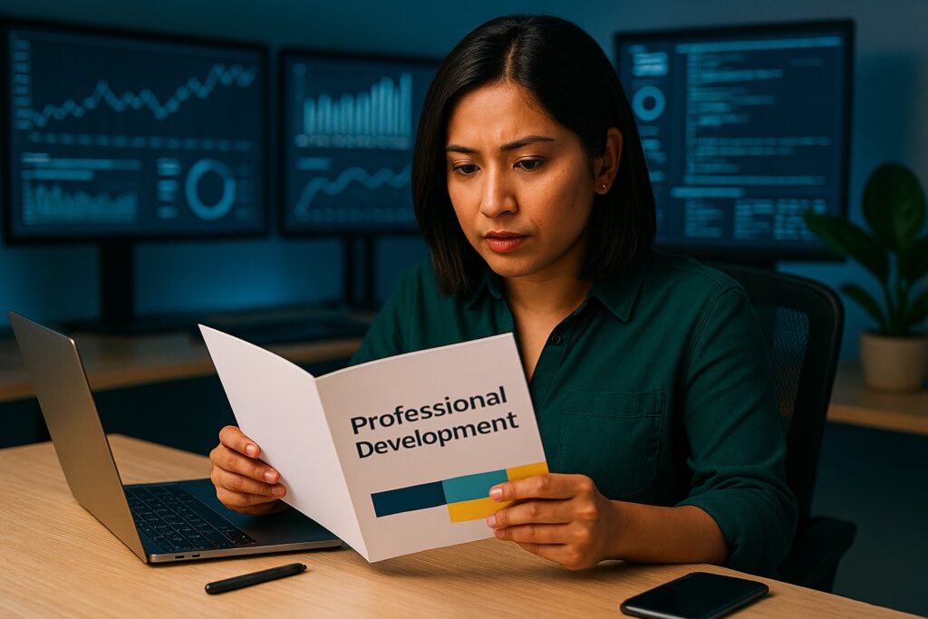 Small business owner studying at a desk with a laptop, notebook, and industry reference materials in a professional office setting