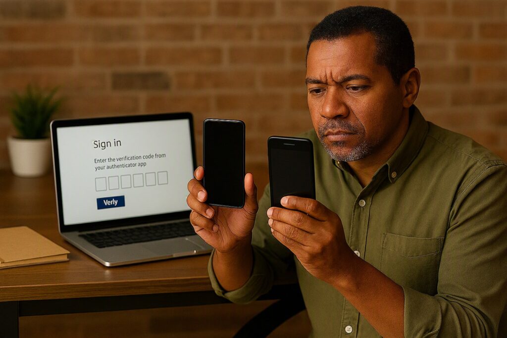 Small business owner setting up multi-factor authentication on a new phone at their office desk