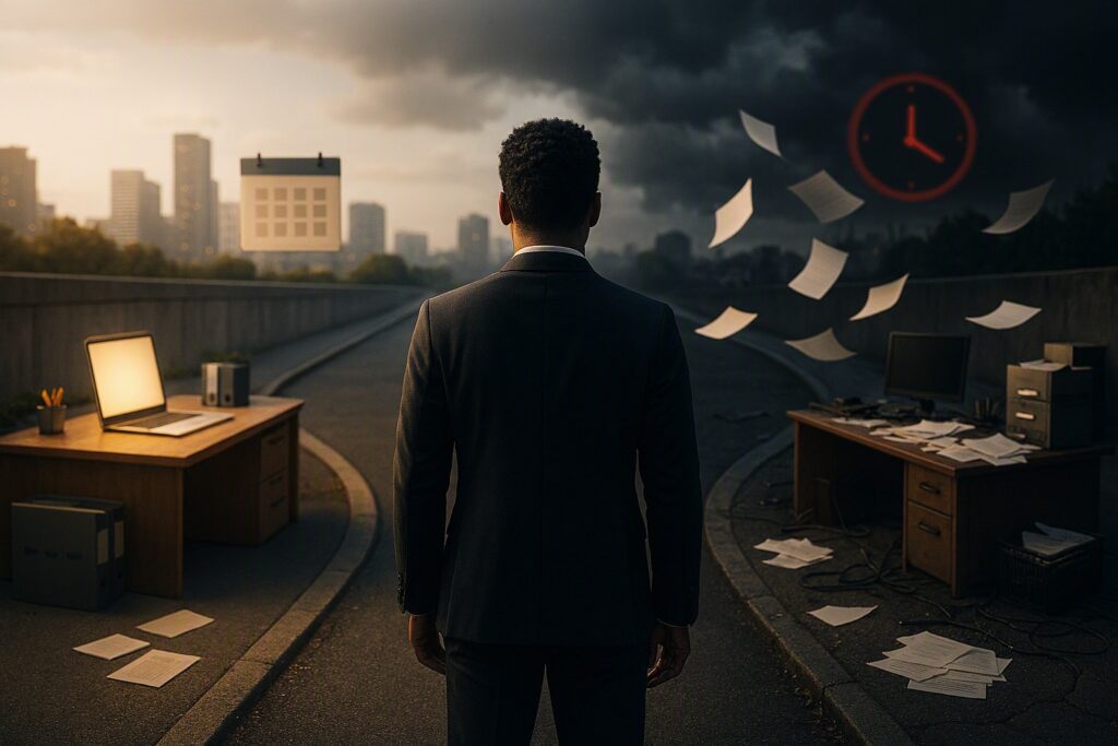 Editorial illustration contrasting two paths for small business compliance: one showing calm, organized preparation with a checklist and calendar, the other showing the chaos and stress of last-minute audit remediation, symbolizing the hidden costs of reactive versus proactive compliance.