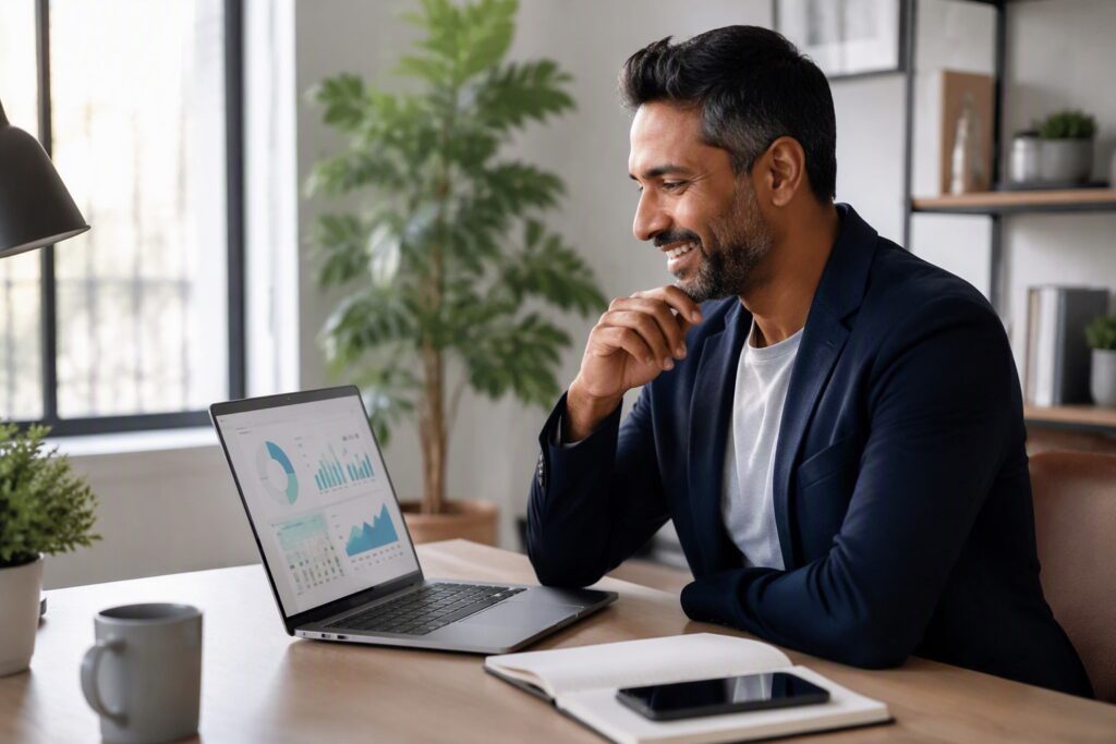 Small business owner using AI-powered HR tools on a laptop in a modern office