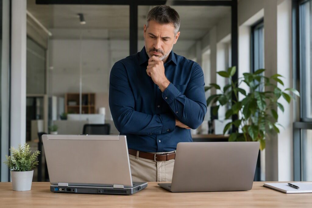 Business owner comparing an older laptop and a new laptop during an IT hardware upgrade planning session