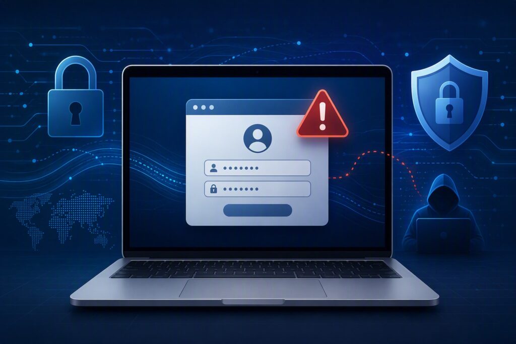 Illustration of a business login screen with security warning icons representing an MFA bypass and session hijacking phishing attack