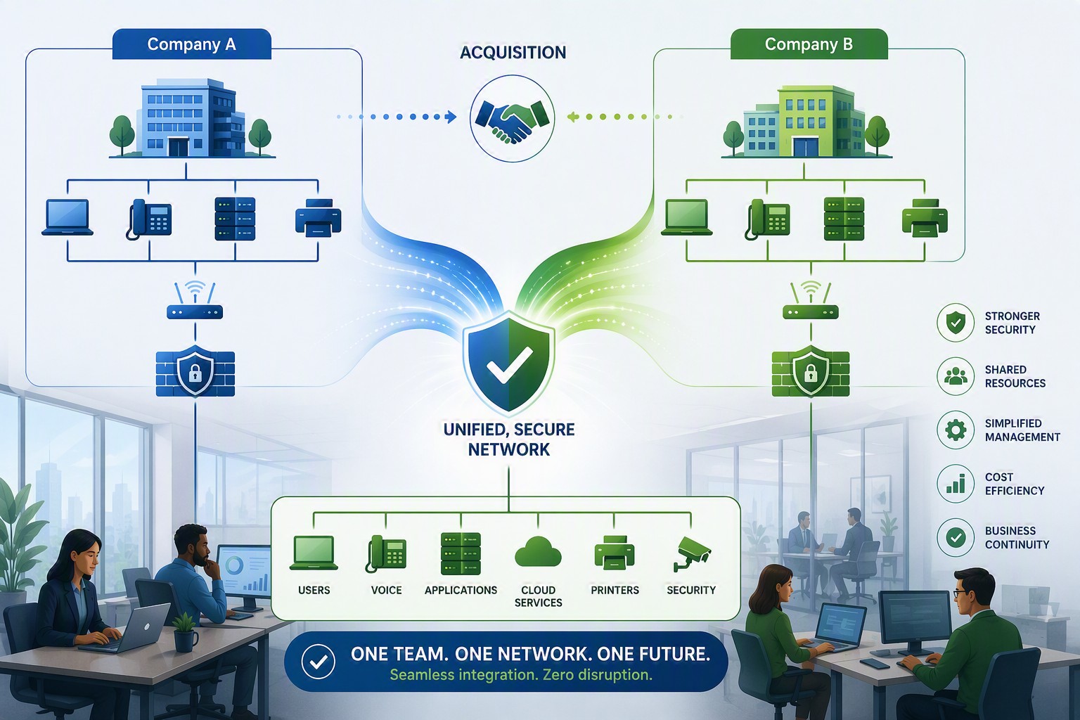 IT team unifying network systems during a business acquisition and merger