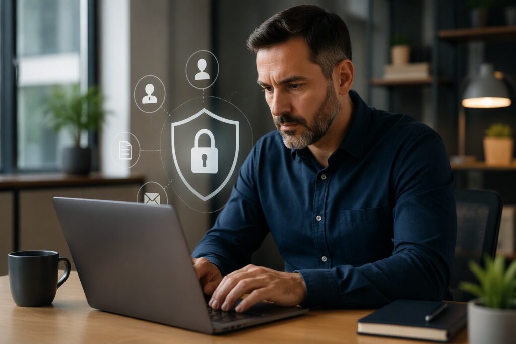 Small business owner reviewing data security settings on a laptop to protect customer information