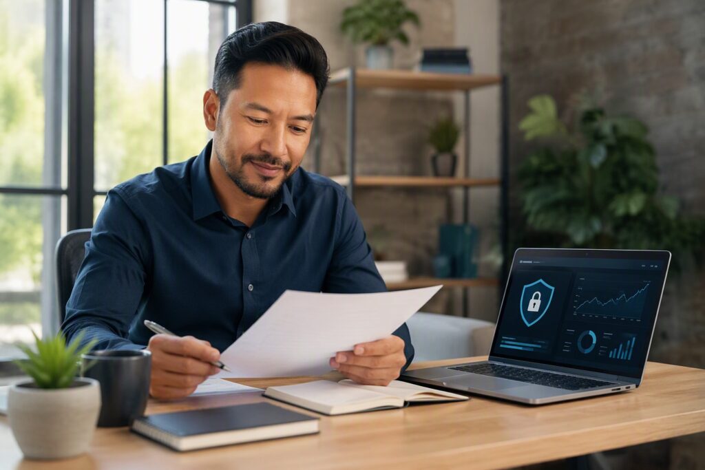 Small business owner reviewing a written cybersecurity policy on a laptop in a modern office