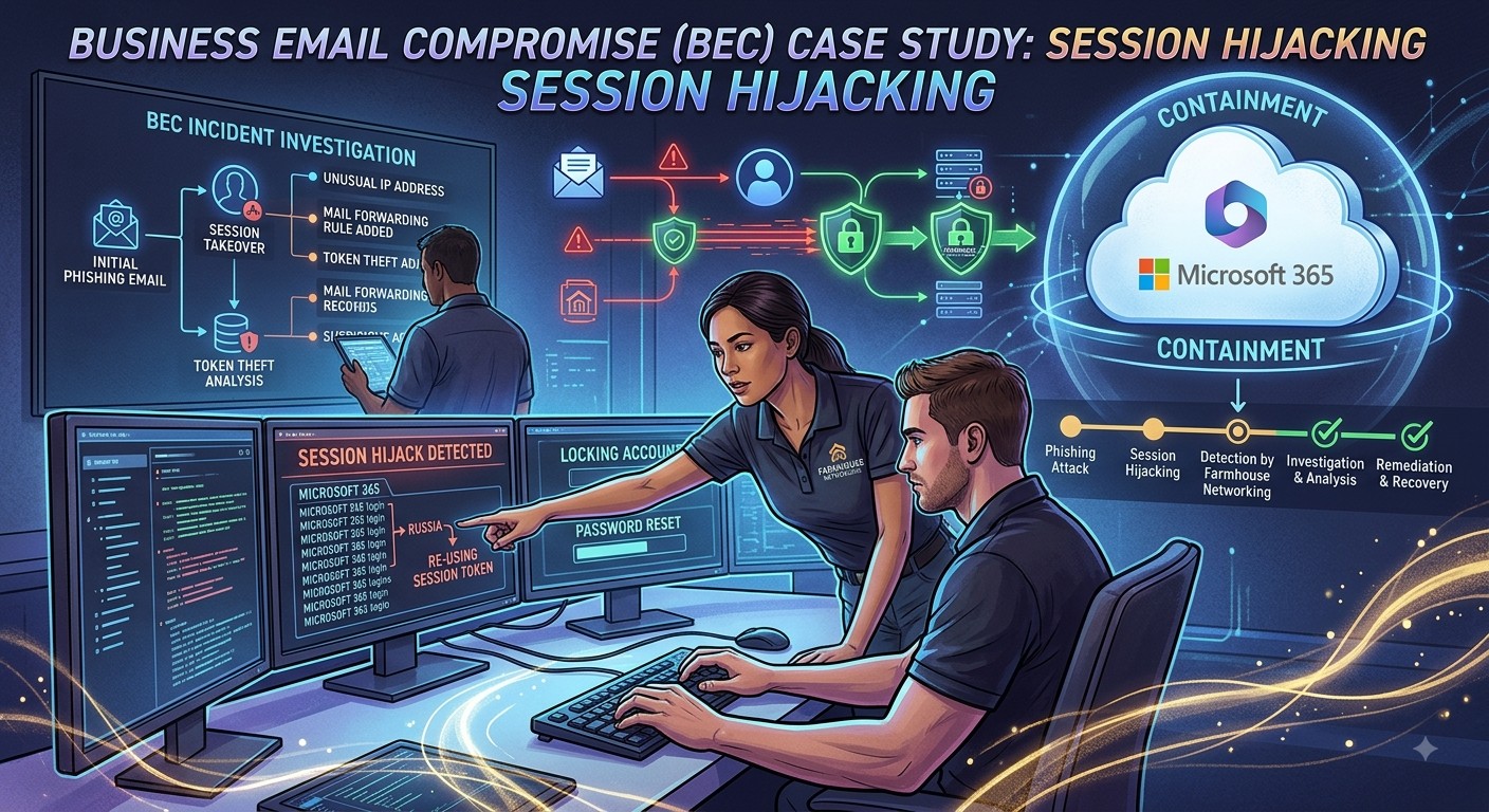 Illustration representing a Microsoft 365 email account security incident and forensic investigation during a business email compromise