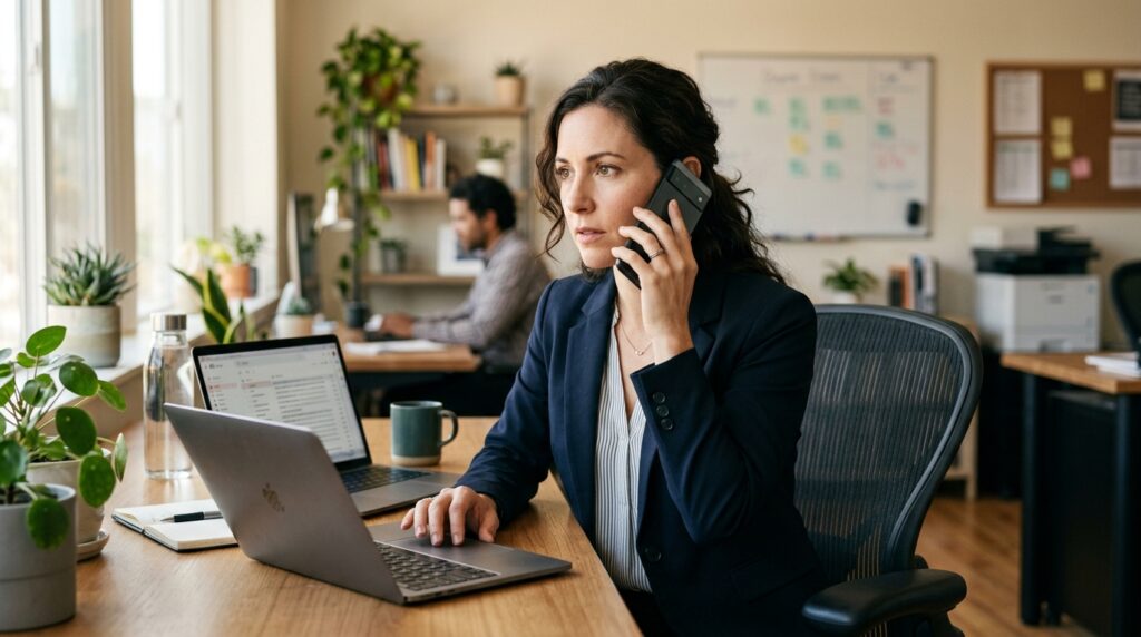 Small business owner pausing to verify a suspicious phone call at their desk, illustrating a vishing attack attempt