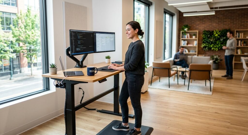 Employee using an adjustable standing desk with monitor arm in a small business office