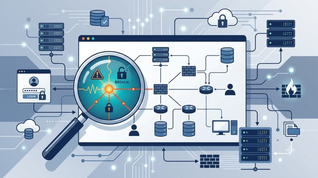 Illustration of a magnifying glass tracing a network security incident back to its root cause