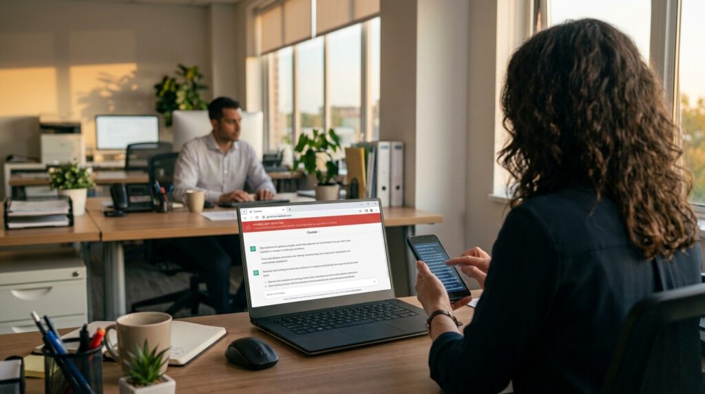 A small business employee sees an AI usage limit reached message on her work laptop while reaching for a free AI chatbot on her personal phone. The scene shows how AI token limits can push staff toward shadow AI, meaning unapproved tools that may keep or expose company and customer data. Farmhouse Networking helps small businesses prevent this with an AI acceptable use policy, business-grade AI accounts, usage alerts and spending controls, and web filtering.