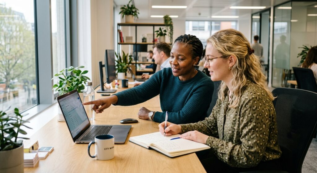 Photo illustrating responsible AI adoption in a small business setting: an experienced employee guides a newer team member through AI-assisted work, reflecting a written AI use policy that treats AI as a tool for skilled staff and a mentor for employees still building expertise.