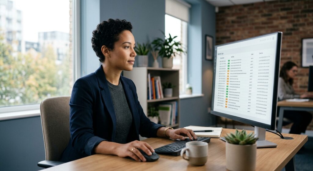 Small business owner reviewing audit logs and security activity on a computer screen