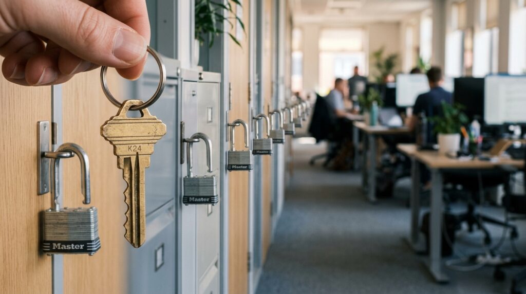 One brass key opening a row of identical padlocks in an office, illustrating password reuse risks and credential stuffing for small businesses